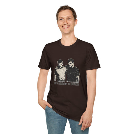 Men's Mental Health Support T-Shirt — "On a Mission to Listen" / "You Are Not Alone"